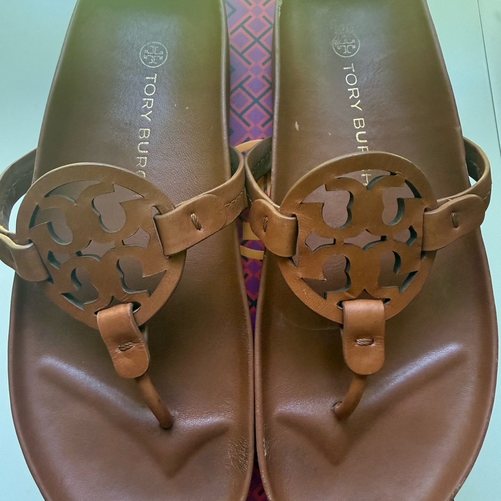 Tory Burch Brown Leather Logo Thong Sandals
